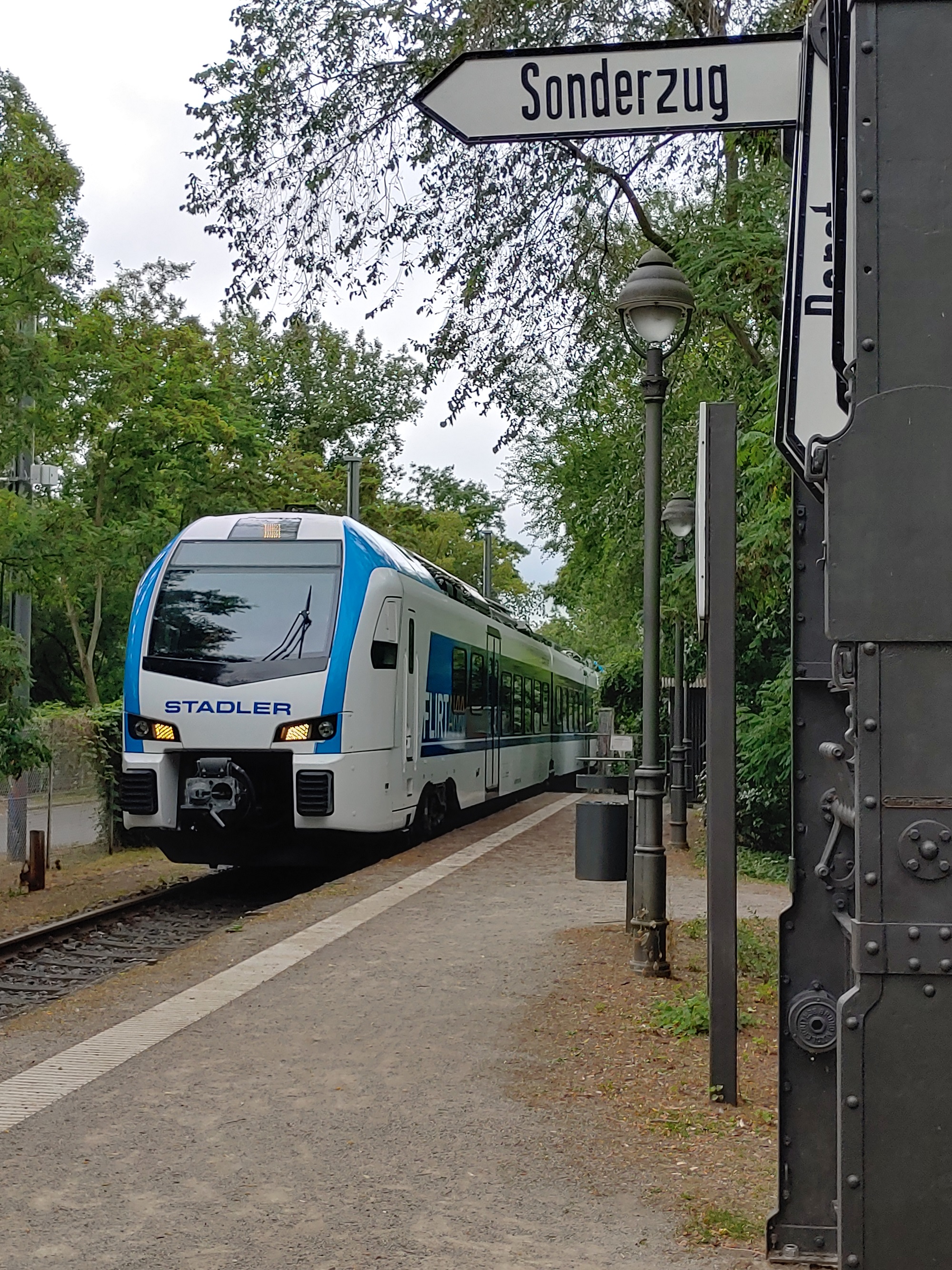 Ein blau-weißer Zug mit der Aufschrift "Stadler" fährt auf einem Bahnsteig im Grünen ein, rechts ein Schild mit der Aufschrift "Sonderzug".