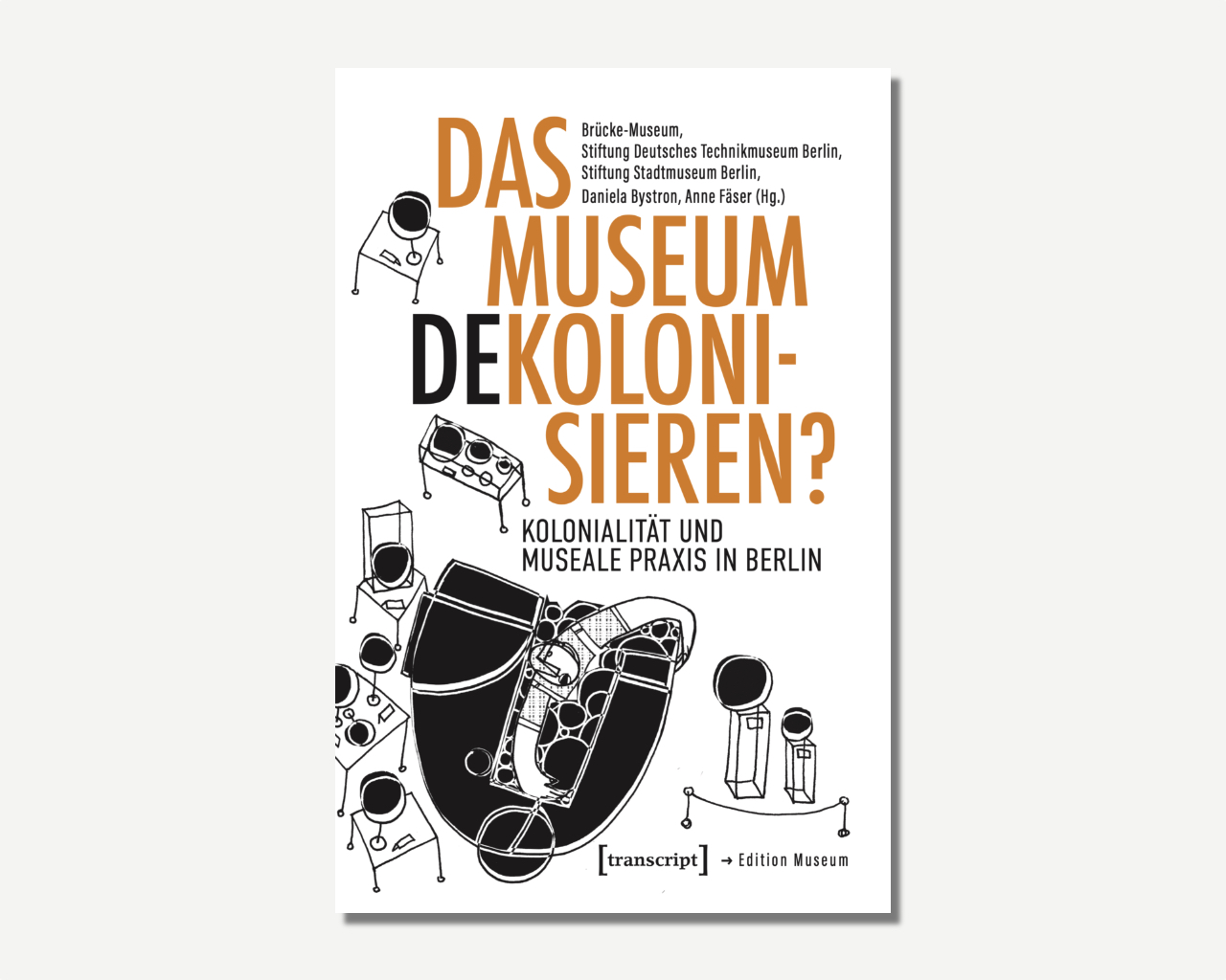 Das Cover zeigt unter dem Titelschriftzug einen großen schwarzen Kopf. Um diesen herum sind weitere Formen zu sehen, die an Tische mit Globen darauf erinnern.