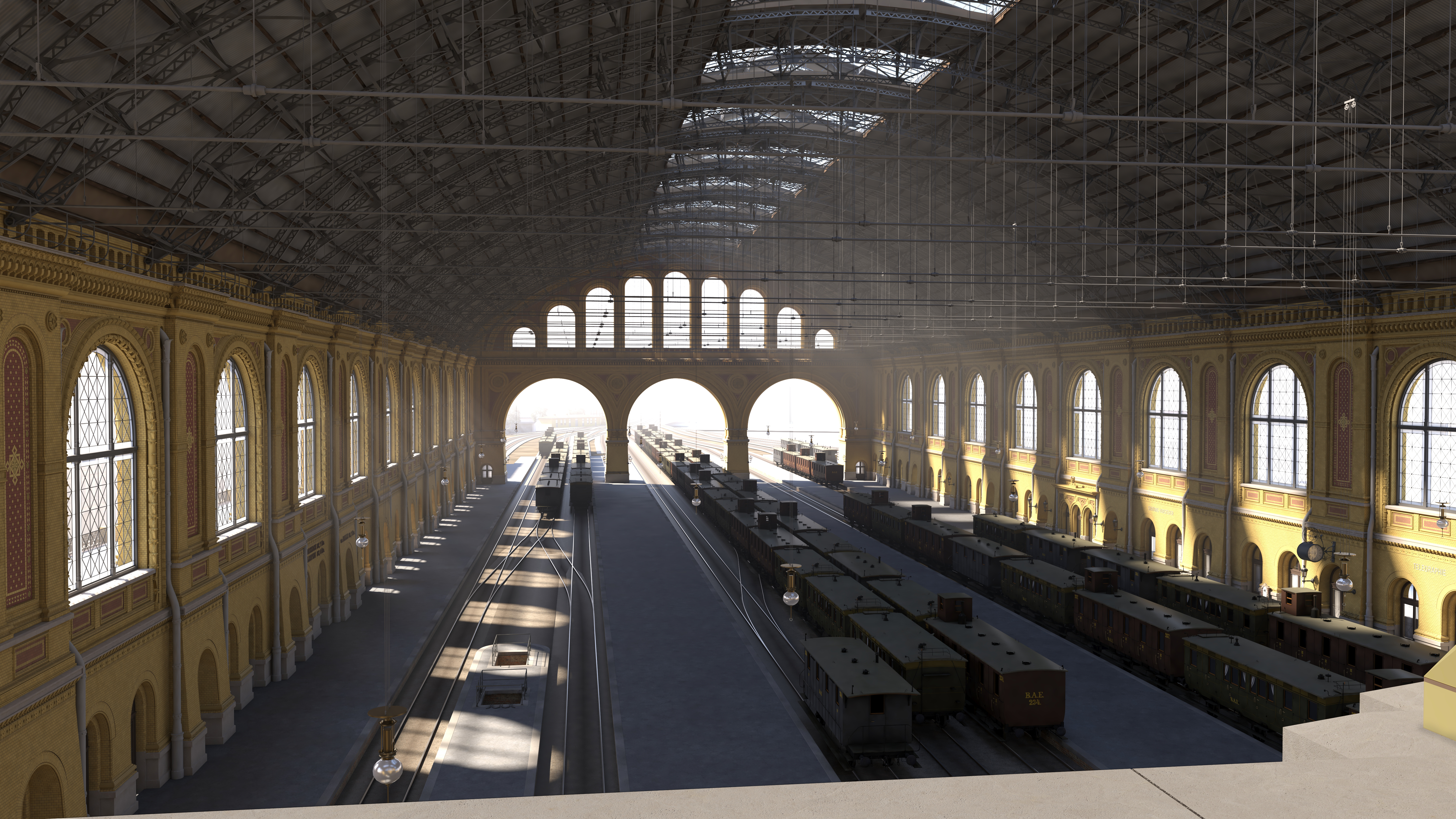 Ein Blick von der Galerie in die Bahnhofshalle in Richtung Südportal. Auf den Gleisen stehen historische Züge.