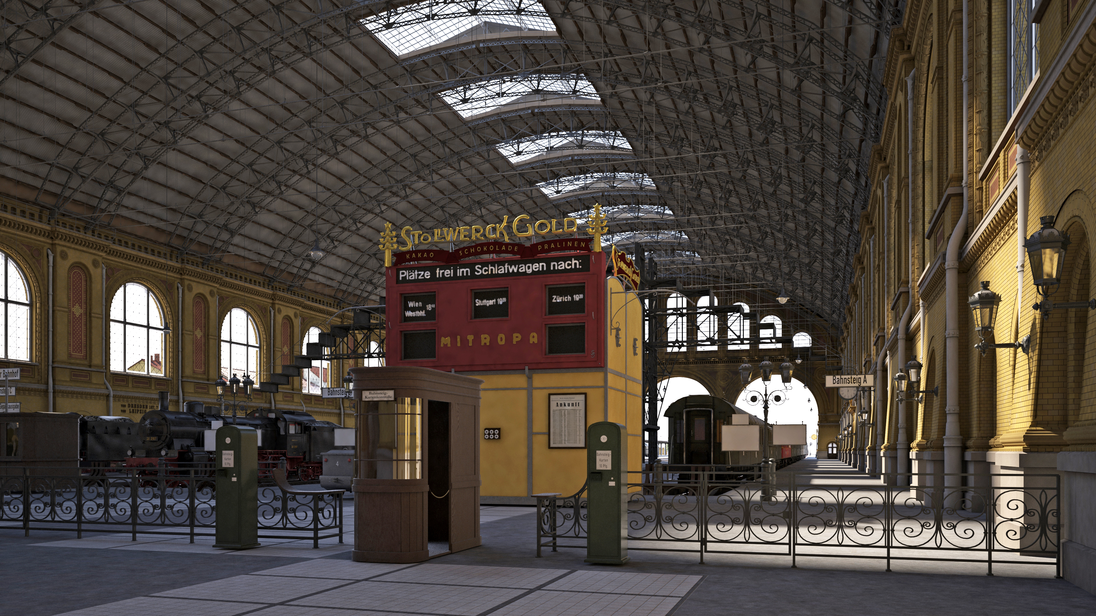 Ein Blick vom Querbahnsteig in die Halle des Anhalter Bahnhofs. In der Mitte befindet der große gelb-goldene Kasten des Gepäckaufzugs. Daran sind Listen mit Abfahrtszeiten, Zuganzeigen und eine goldene „Stollwerck Gold“-Reklame angebracht.