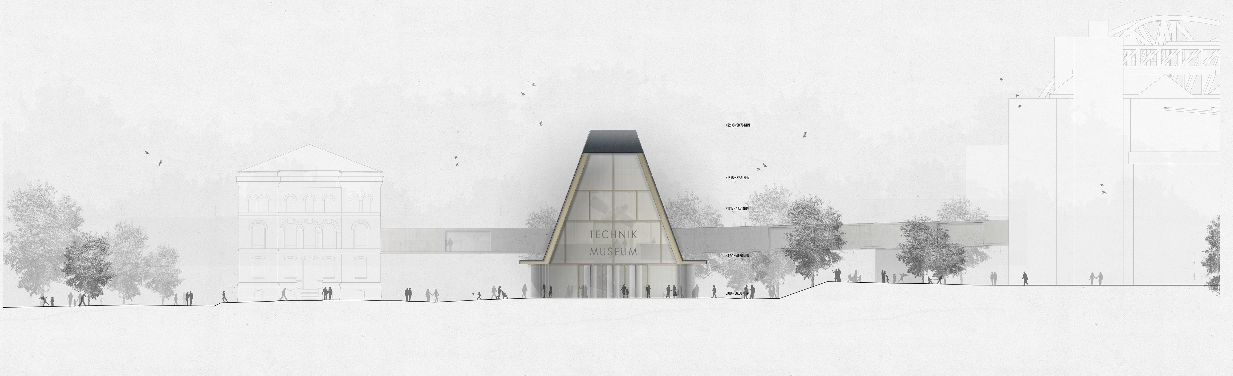 Ansicht des Entwurfs für ein Eingangsgebäude des Museums der Architekten Innauer Matt. Man kann das scheunenartige Dach erkennen und die Brücken, die das Haupthaus und die Ladestraße mit dem Gebäude verbinden.