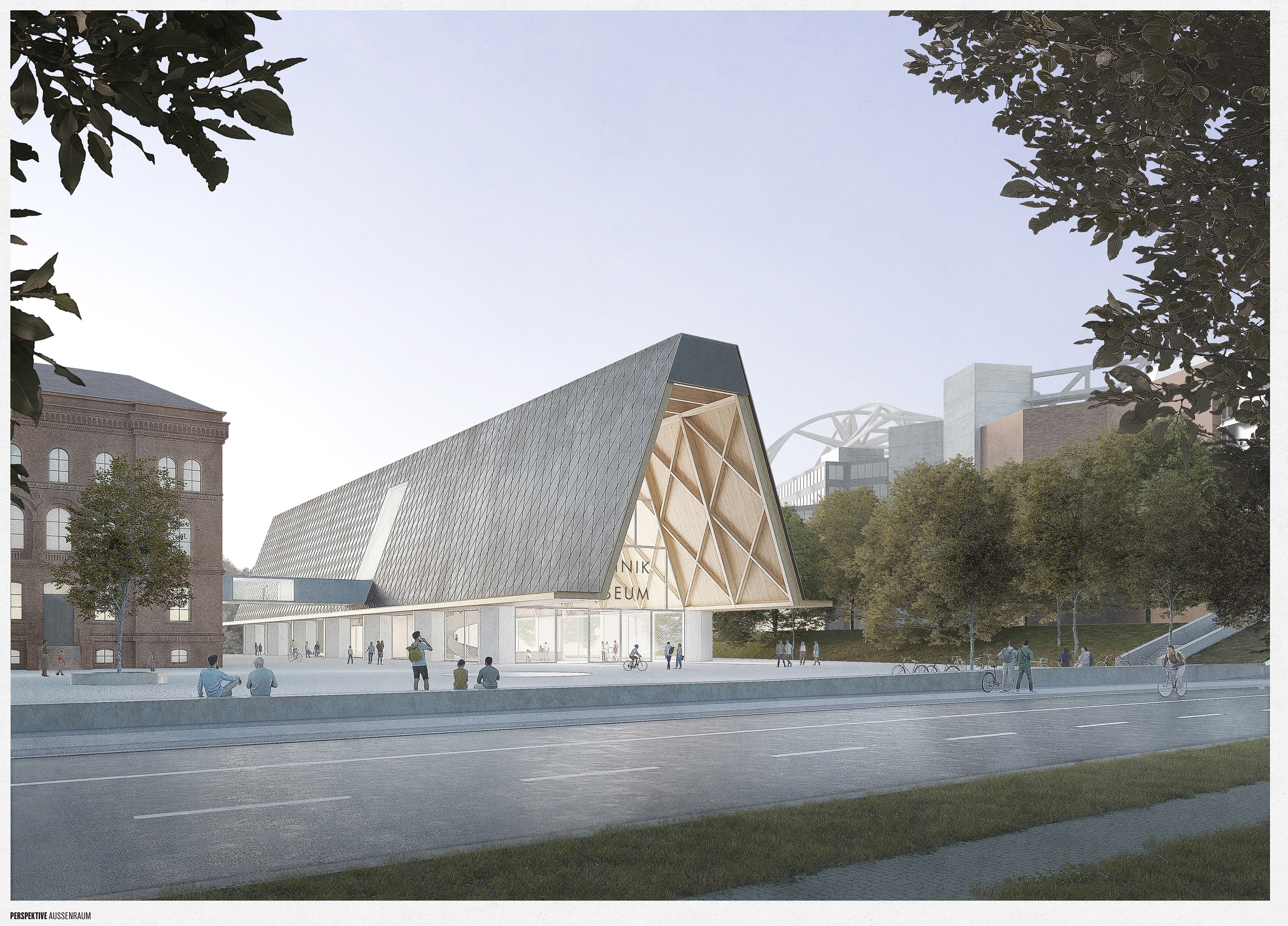 Perspektivansicht eines Entwurfs für ein Eingangsgebäude des Museums der Architekten Innauer Matt. Das Gebäude sieht aus wie eine grpße Scheune mit Glasfront und vielen Photovoltaikflächen auf dem Walmdach.