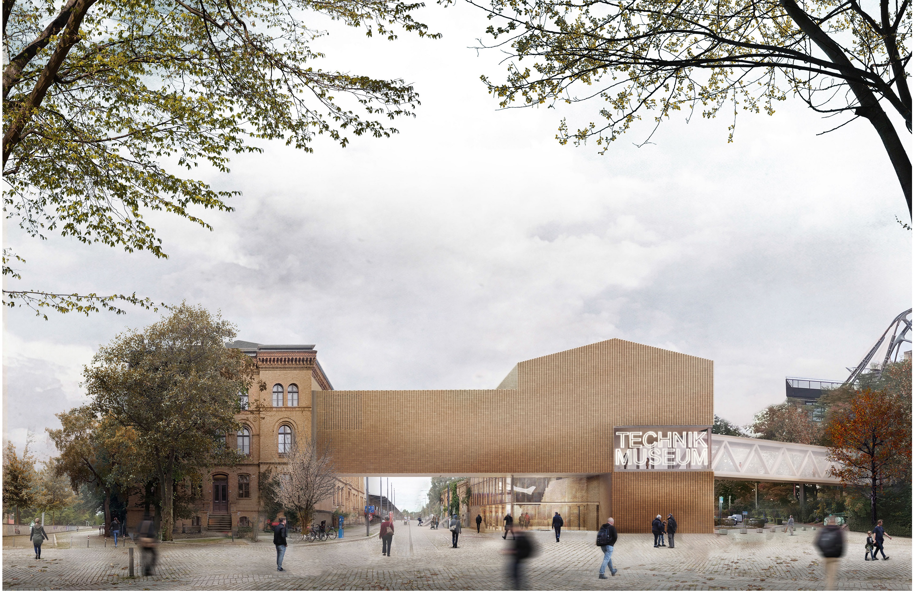 Ansicht eines Entwurfs für ein neues Eingangsgebäude des Museums der Architekten mlzd. Zu sehen ist eine braune Giebelfassade.