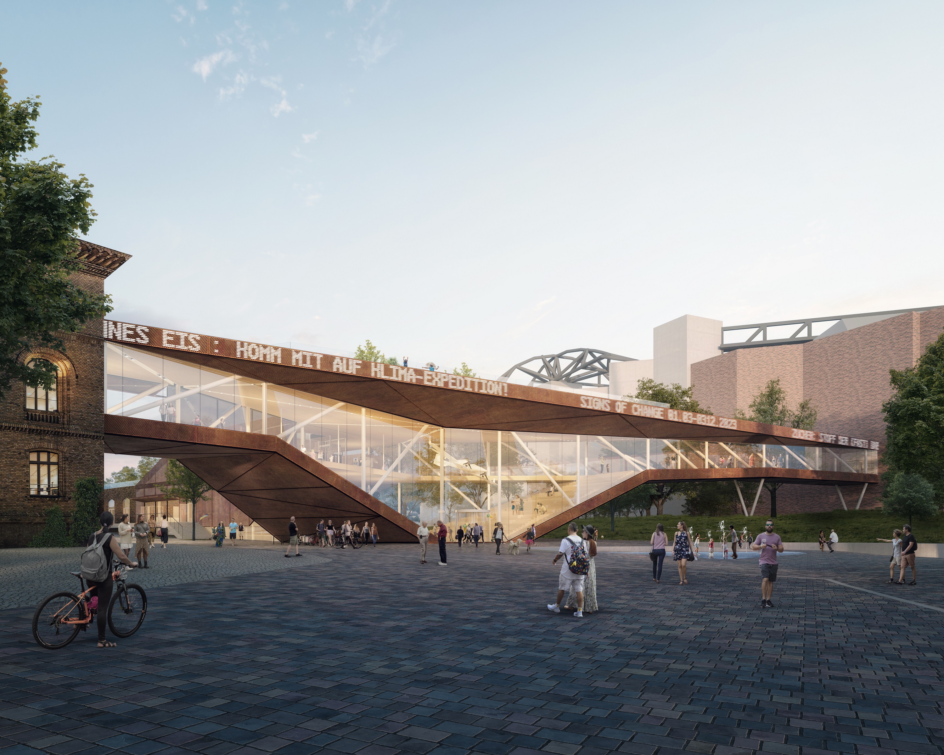 Ansicht eines Entwurfs eines Eingangsgebäudes des Museums der Architekten querkraft. Man sieht eine trapezförmige große Glasfront, eingerahmt durch kupferfarbene Decken- und Bodenflächen.