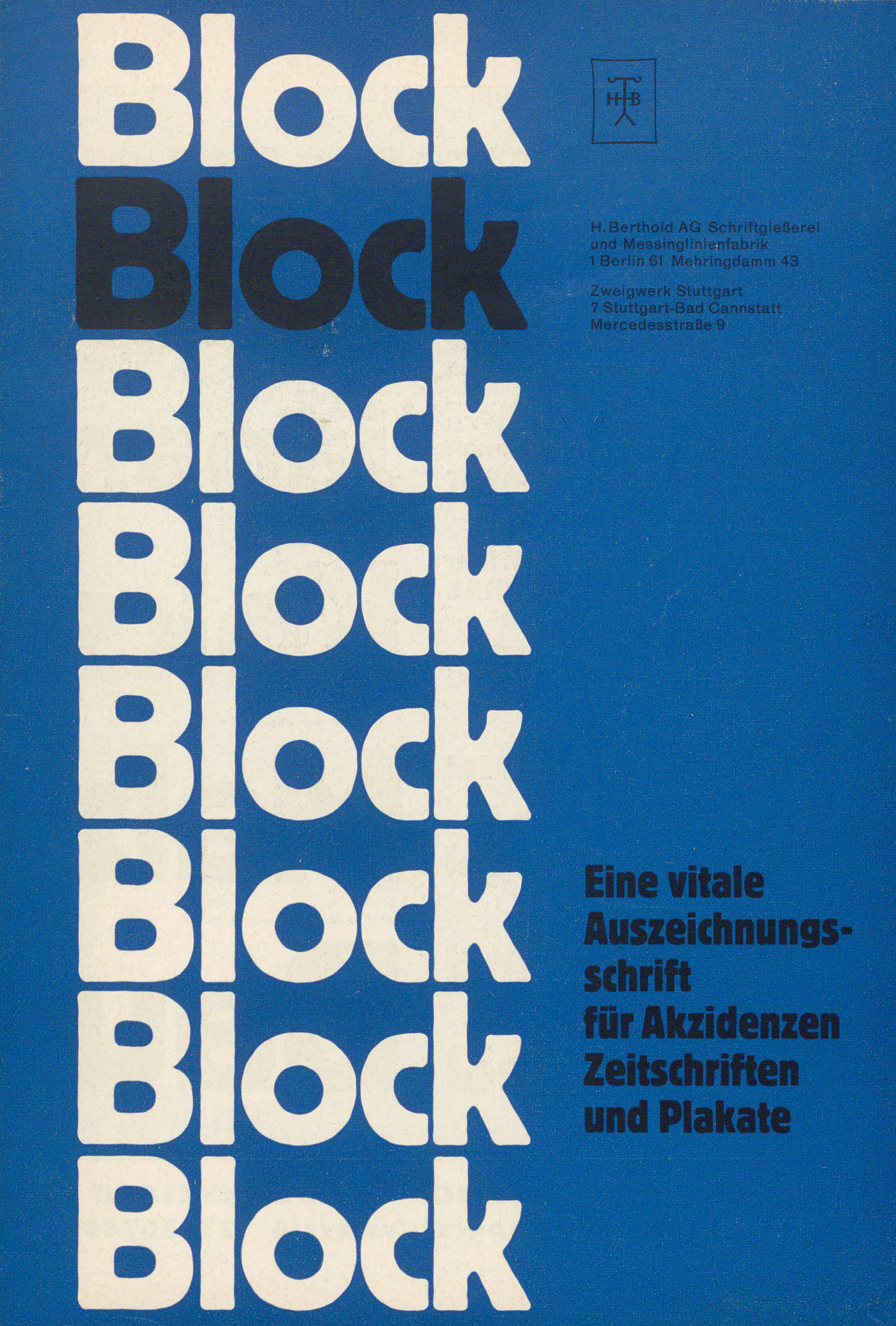 Blick auf einen Ausschnitt des Covers des Schriftmusterbuches „Block: Eine vitale Auszeichnungsschrift für Akzidenzen, Zeitschriften und Plakate.“ Der Schriftname Block ist mehrmals aufgeführt und jeweils untereinander angeordnet.