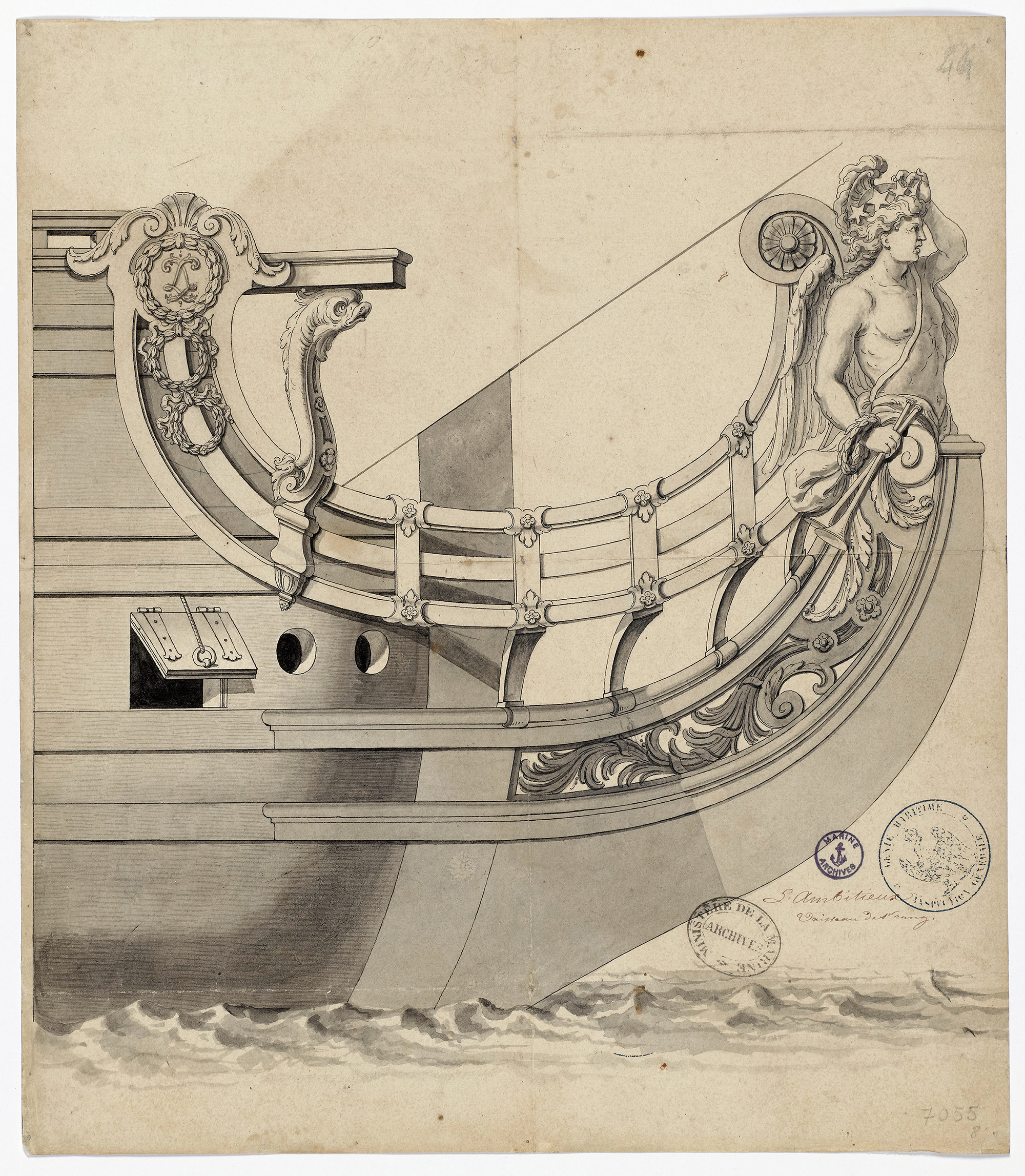 Zeichnung der Galionsfigur eines barocken Schiffes, die Figur trägt Waffengurt und Kürassierhelm.