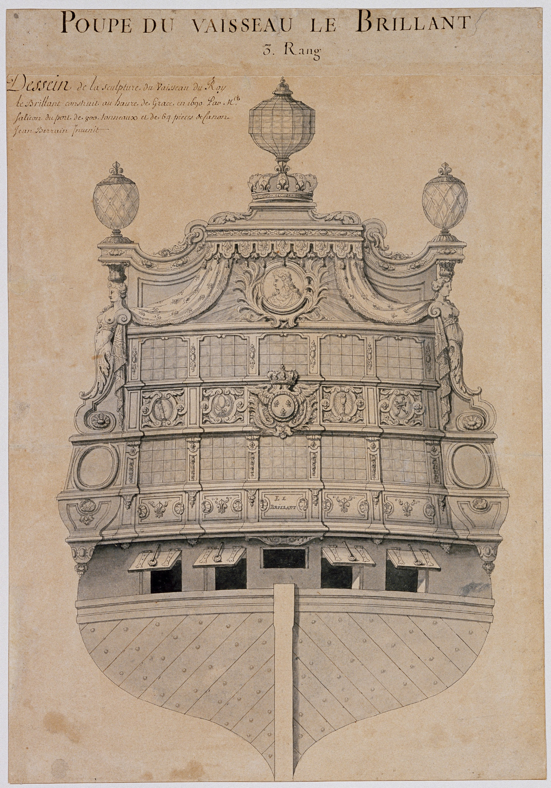 Zeichnung eines barocken Schiffshecks. Der Giebel des Schiffes  LE BRILLANT zeigt das Porträt des Sonnenkönigs Luouis XIV.