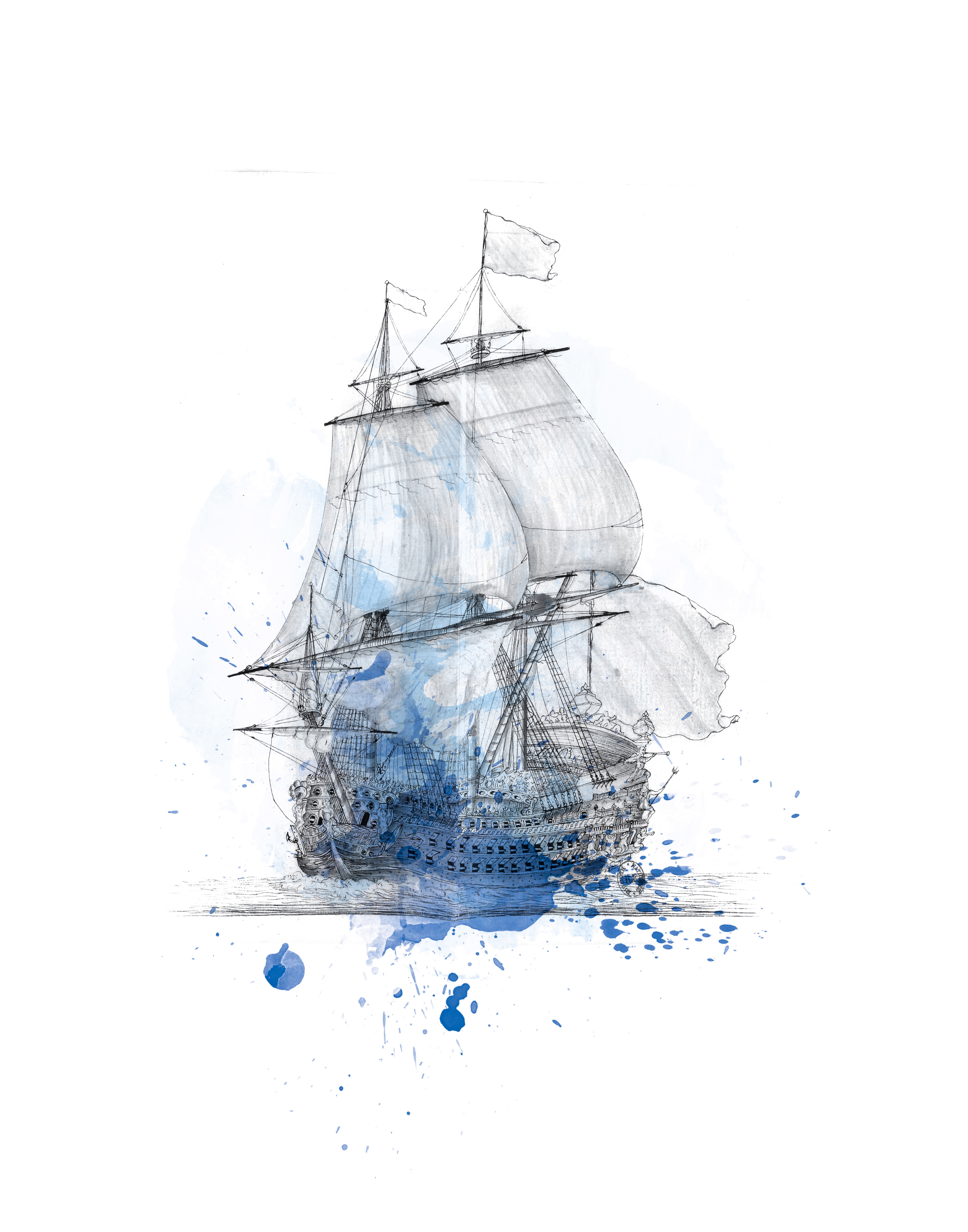Die Zeichnung eines barocken Schiffes mit einem blauen Farbklecks im Vordergrund ist das zentrale Motiv der Sonderausstellung.