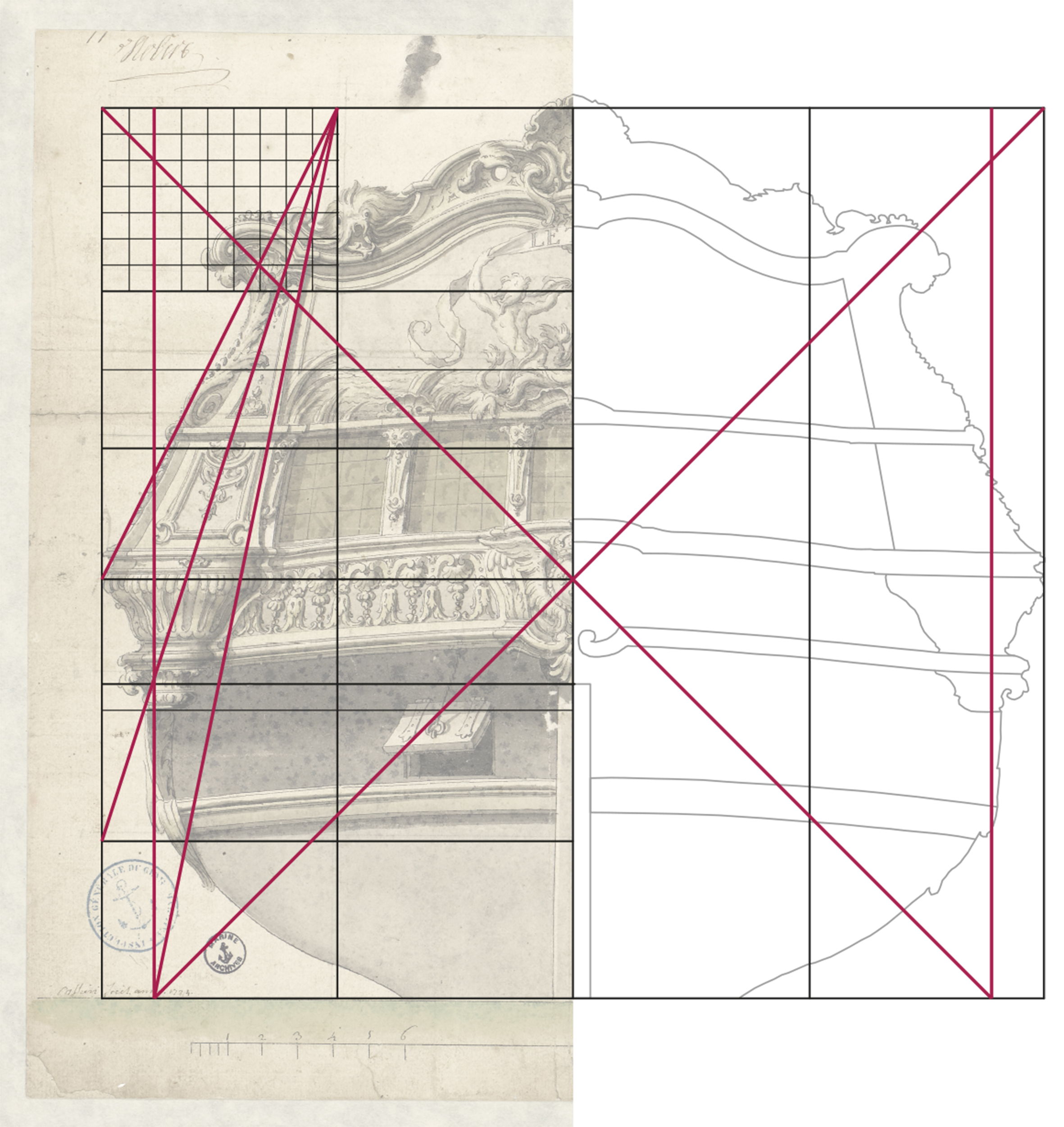Entwurfszeichnung eines Schiffshecks, auf dem feine Linien eines Rasters zu erkennen sind. Diese Raster ist die Grundlage der geometrischen Ordnung barocker Schiffsarchitektur.