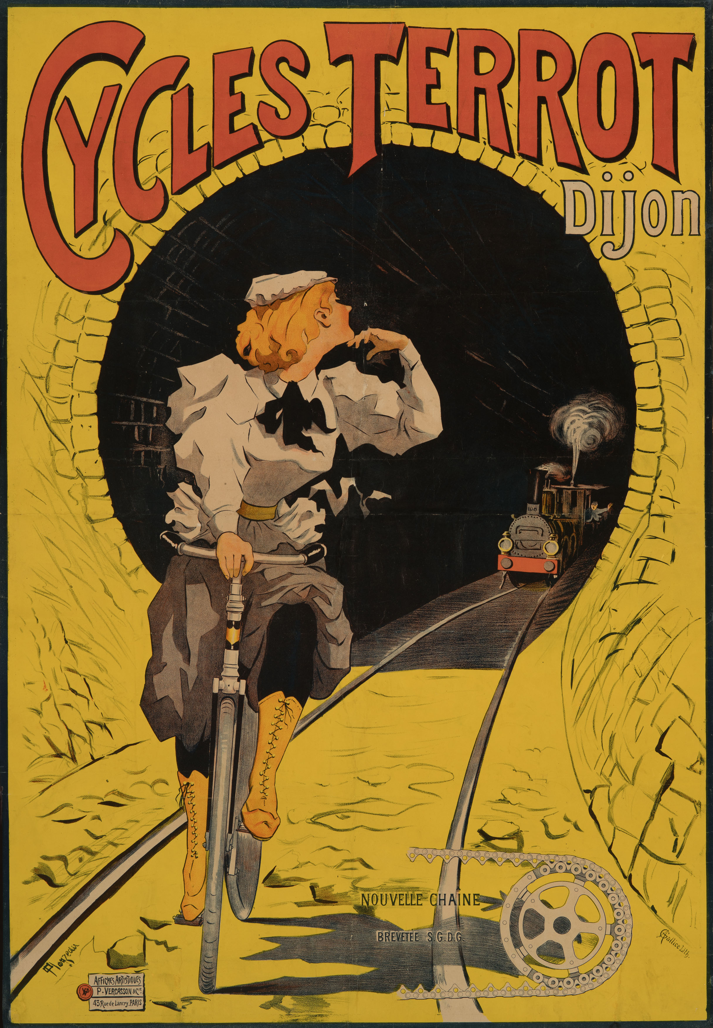 Auf dem Plakat sieht man eine Dame mit grauem Rock und schwarzer Bluse. Sie fährt auf einem Fahrrad gerade aus einem Eisenbahntunnel. Sie hat ihren Kopf nach hinten gewendet und wirft einen überlegenen Blick hinter sich. Dort folgt ihr eine Dampflokomotive. Diese befindet sich noch im Tunnel. Man erkennt schemenhaft den winkenden Lokführer. Über dem Tunnel ist der Schriftzug „Cycles Terrot Dijon“. Unten Rechts ist eine Fahrradritzel  mit Kette mit der Bezeichnung „nouvelle chaine Brevetèe S.G.D.G.“