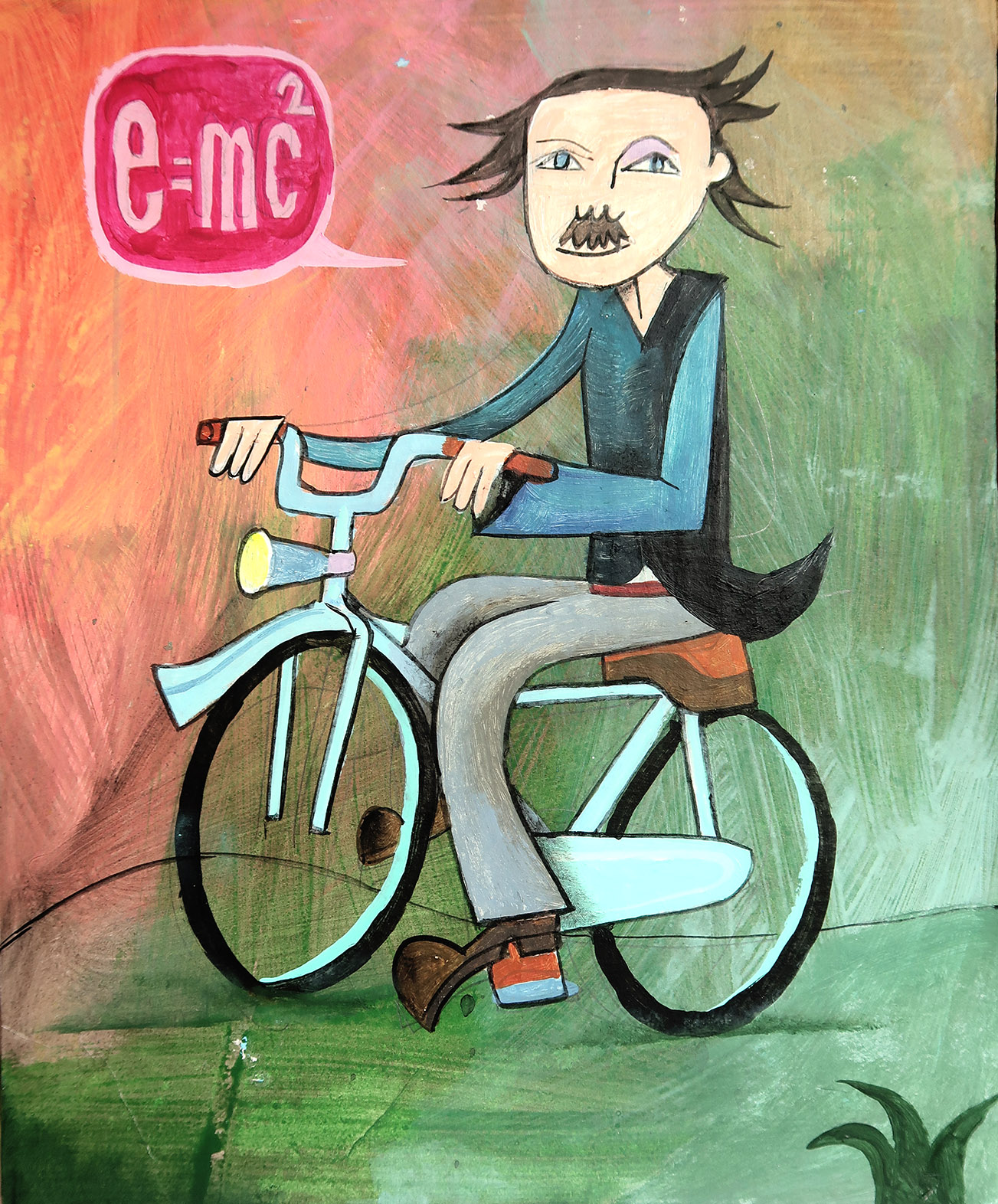 Illustration eines jungen Albert Einstein, der auf einem Fahrrad sitzt und in einer Denkblase die Formel für die Relativitätstheorie denkt: e = mc2
