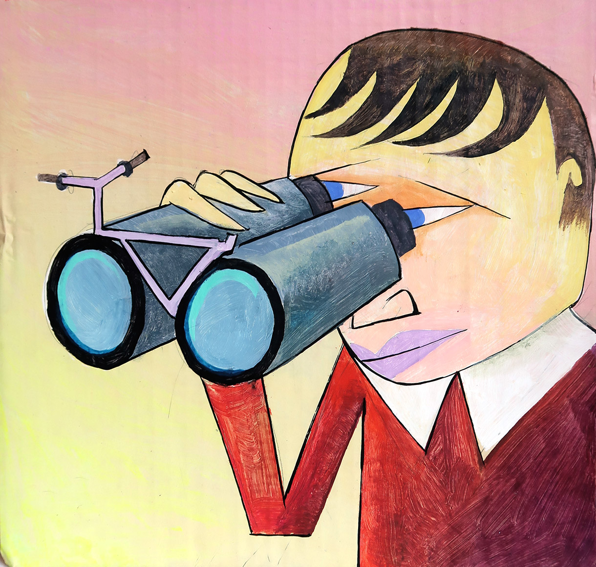 Illustration eines Menschen in Pulli und Hemd, der sich ein Fernglas vor Augen hält. Das Fernglas sieht vor vorne aus wie ein kleines Fahrrad.