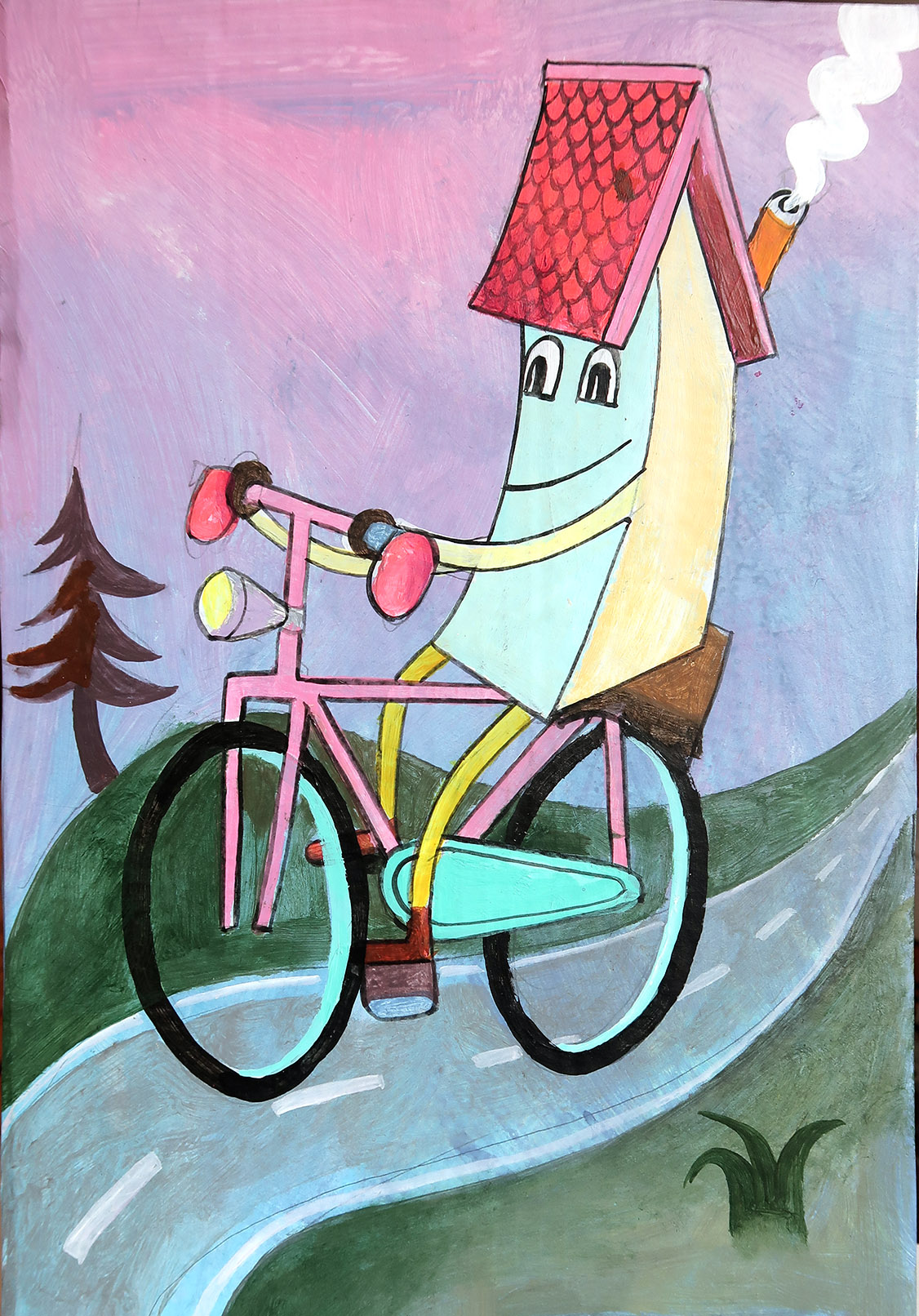Illustration eines vermenschlichten Hauses mit rotem Ziegeldach, das auf einer Landstraße im Grünen Fahrrad fährt.
