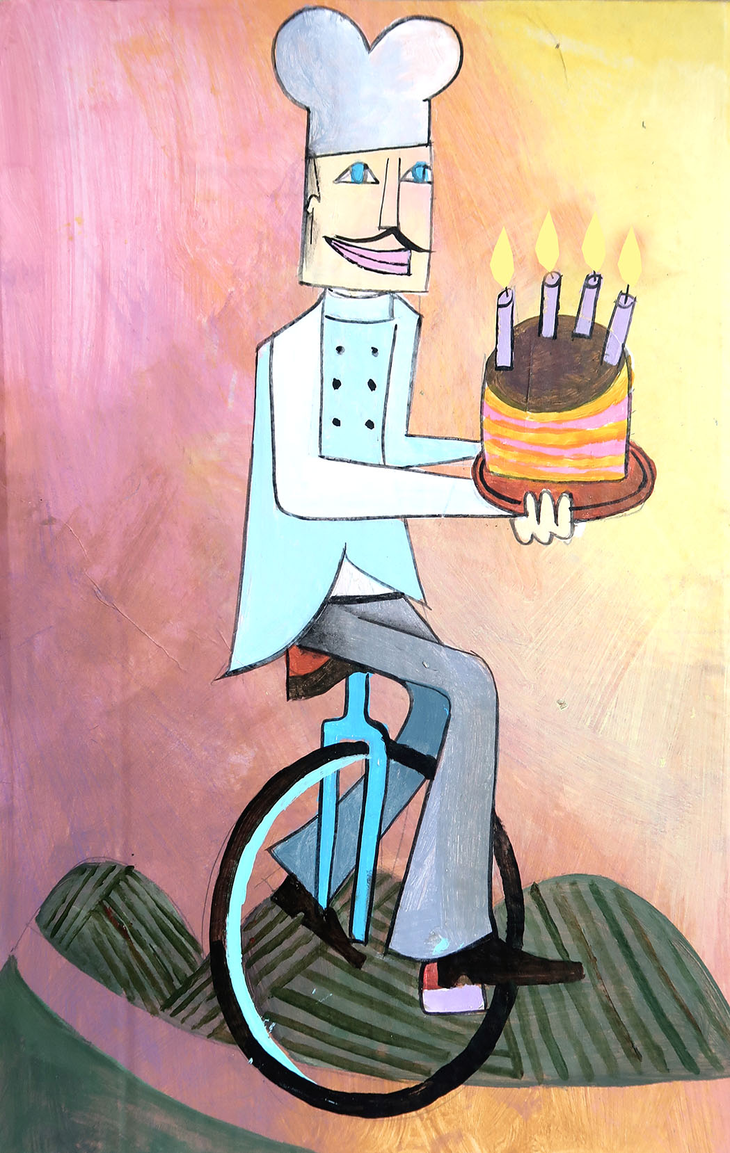 Illustration eines Kochs mit hoher Kochmütze, der eine Geburtstagstorte in den Händen hält und auf einem Einrad balanciert.