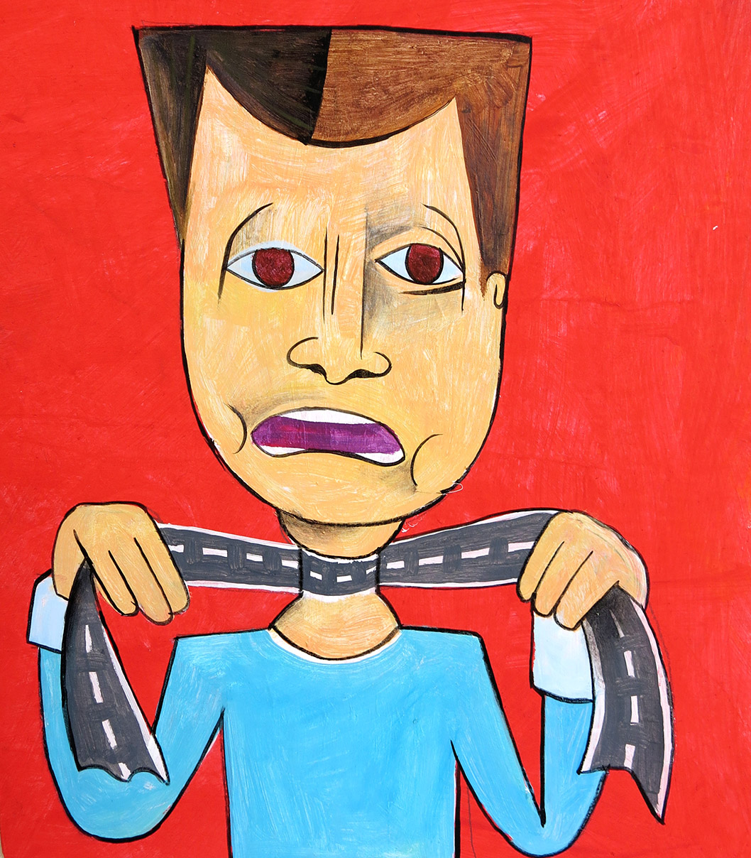 Illustration eines Menschen, der sich mit einem Schal in Form einer Straße erdrosselt.