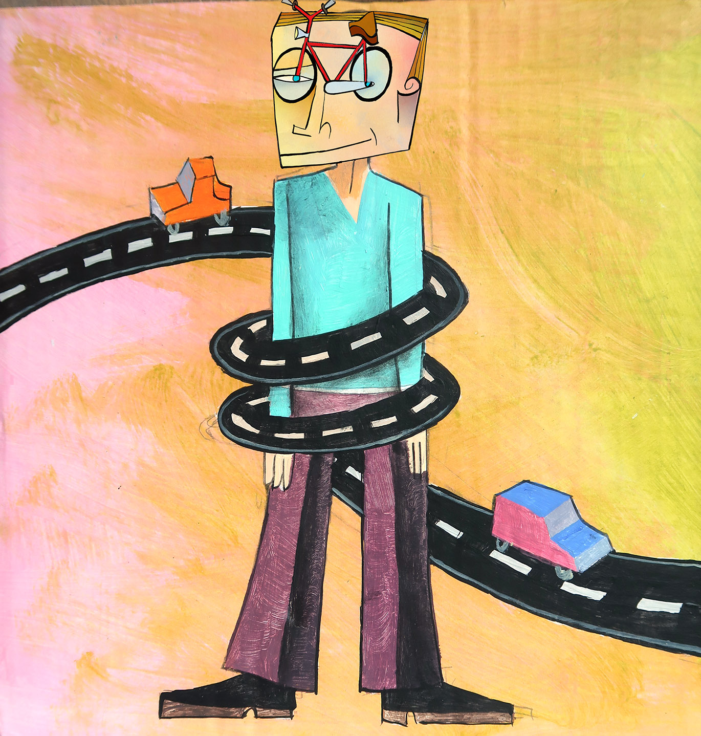 Illustration eines Mannes, der eine fahrradförmige Brille auf der Nase sitzen hat und von einer Straße, auf der kleine Autos fahren, wie von einer Boa Constrictor umschlungen wird.
