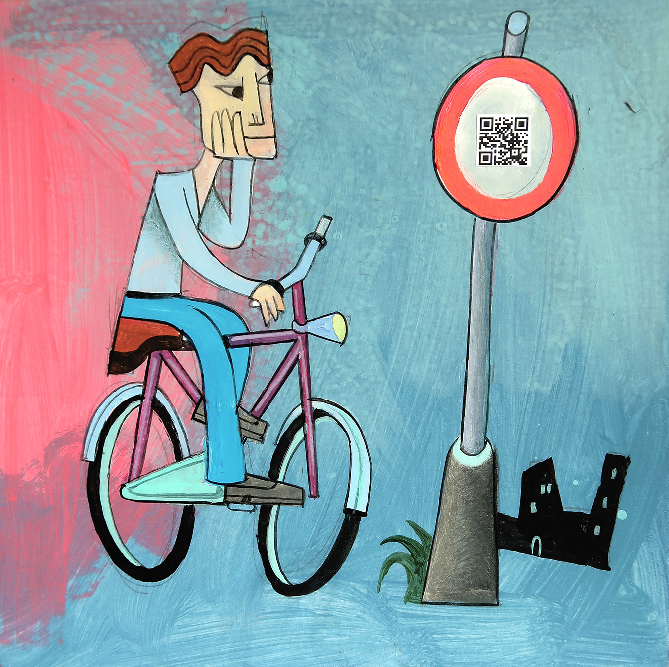 Illustration eines Mannes auf einem Fahrrad, der ratlos vor einem Durchfahrt-Verbotsschild mit QR-Code steht.