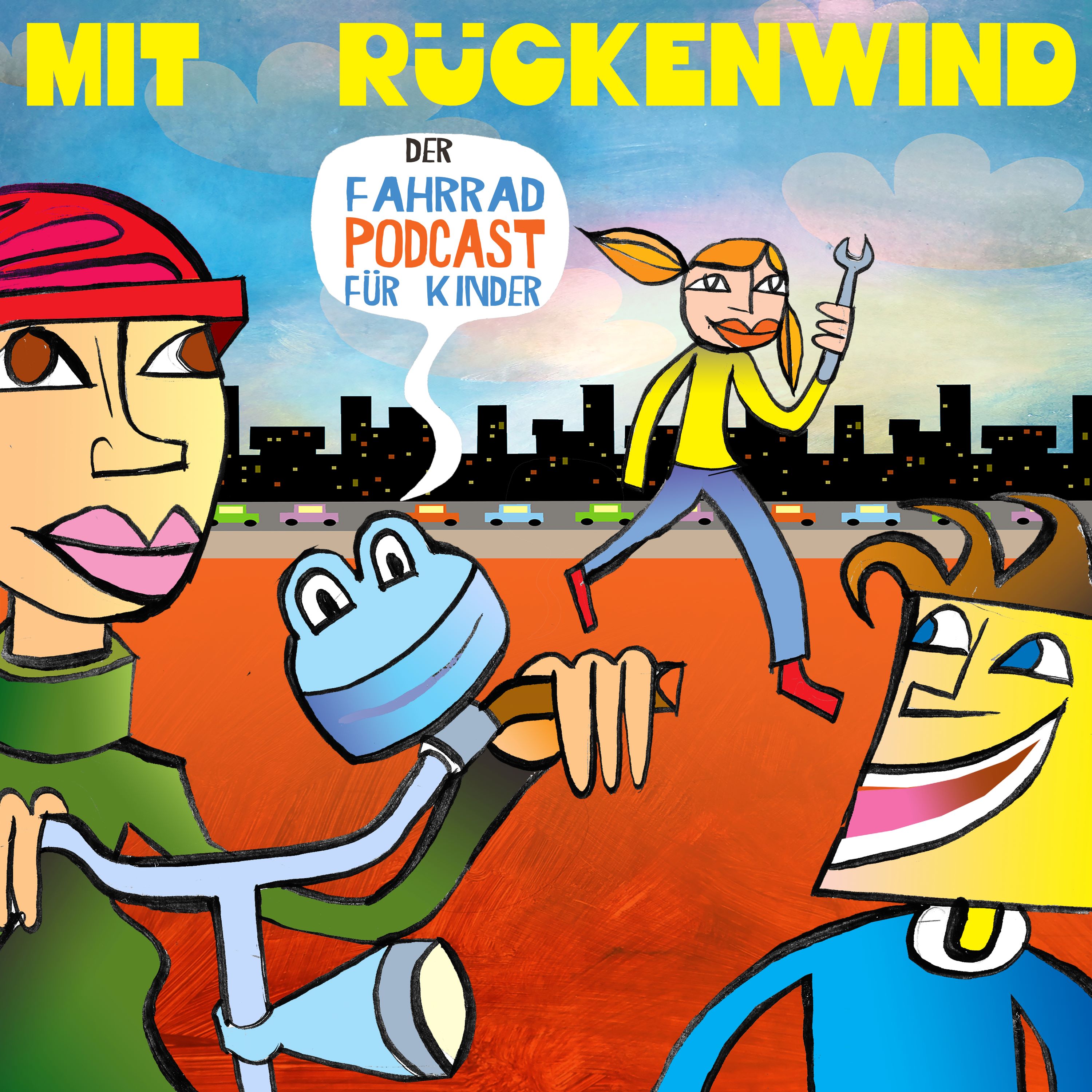 Buntes Cover des Podcasts „Mit Rückenwind – Der Fahrrad-Podcast für Kinder“. Gezeichnete Figuren mit Fahrrad und Werkzeug, vor einer Stadt-Silhouette mit Autos, Himmel und Wolken.