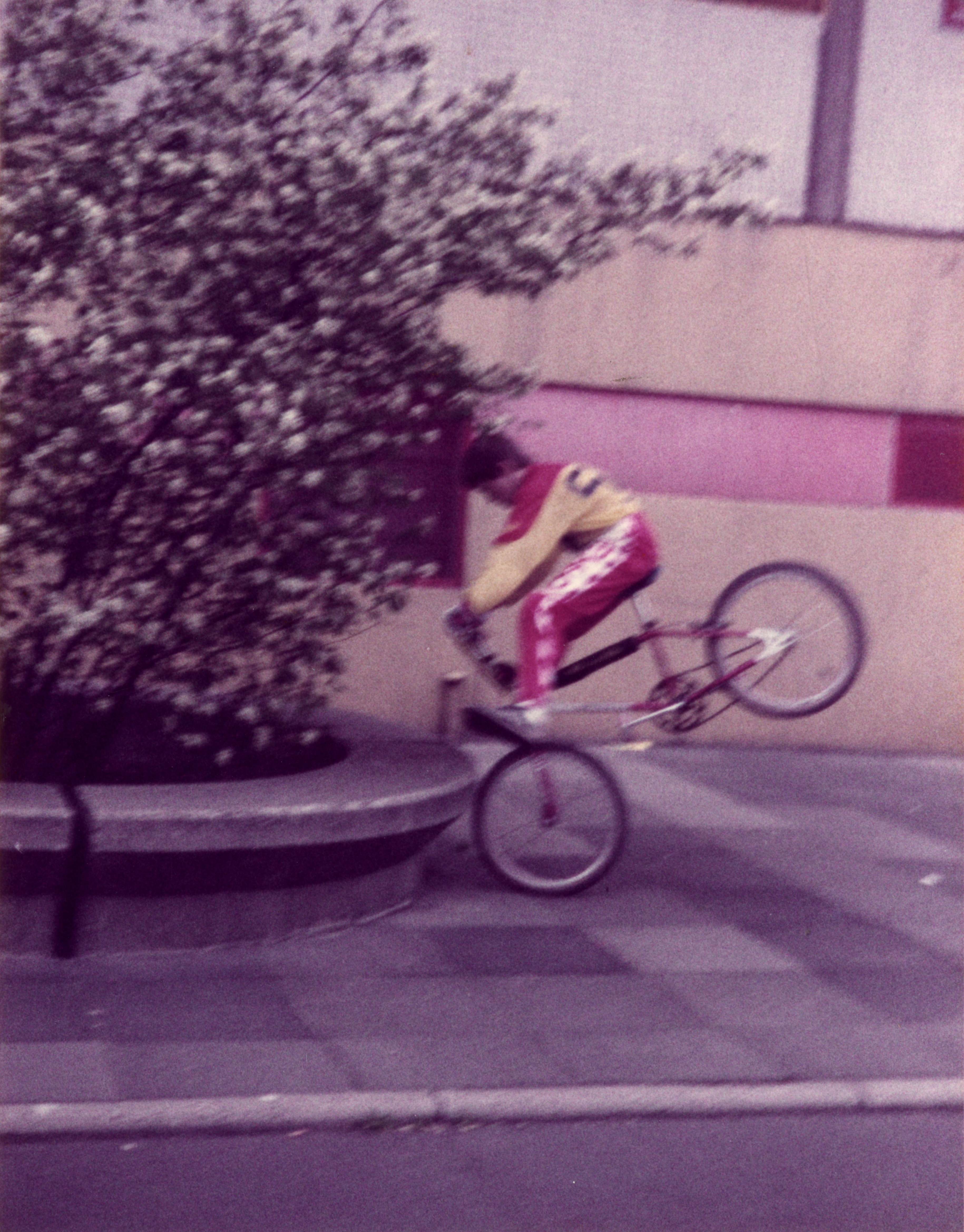 Ein Junge auf einem BMX-Rad vollführt ein Kunststück, bei dem das Hinterrad in der Luft schwebt.