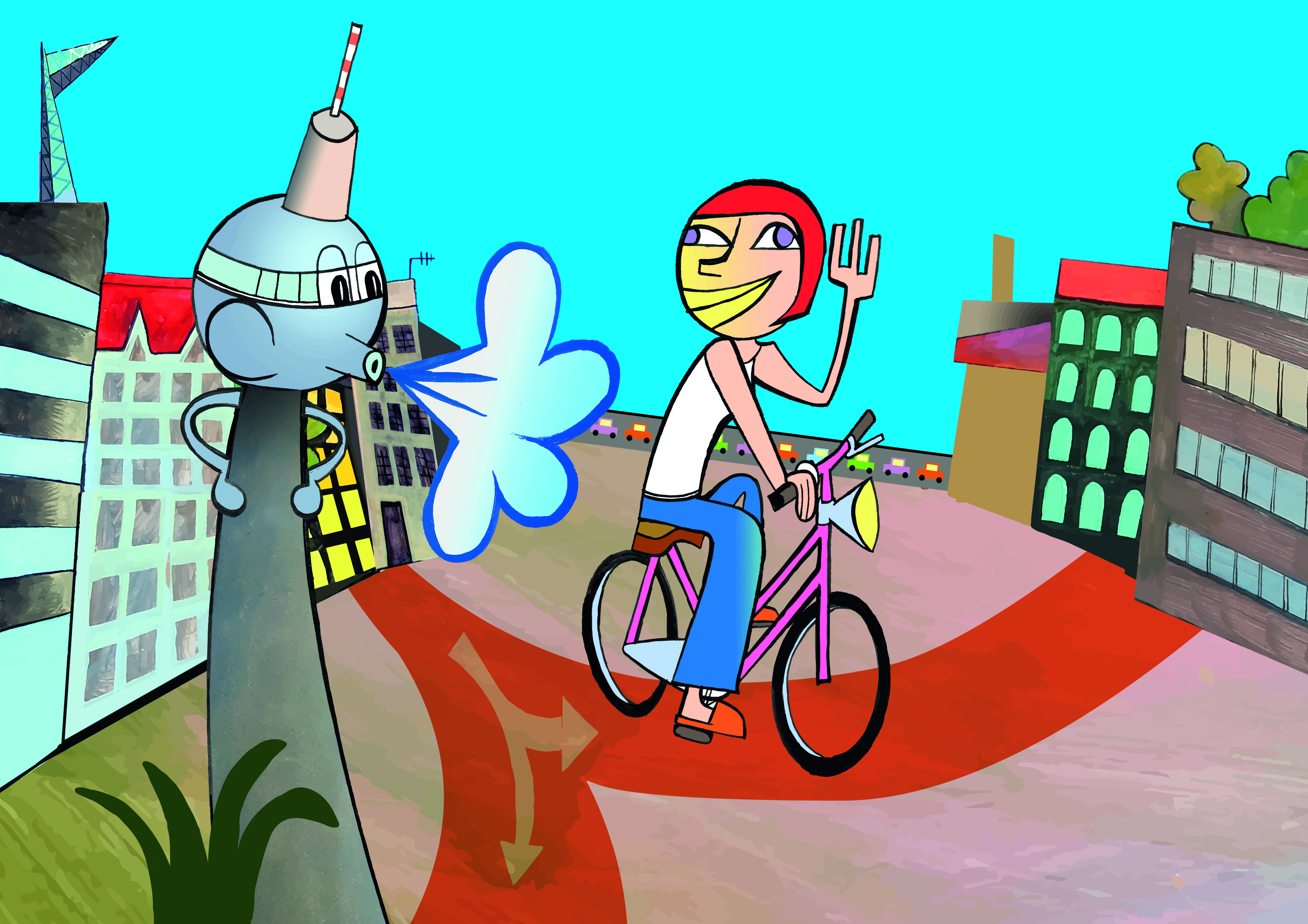Im Comicstil ist vor blauem Himmel eine Radfahrerin zu sehen, die auf einem Radweg in der Stadt fährt. Ein vermenschlichter Berliner Fernsehturm pustet ihr Rückenwind zu. Am Horizont eine Straße mit vielen Autos und Häuser.